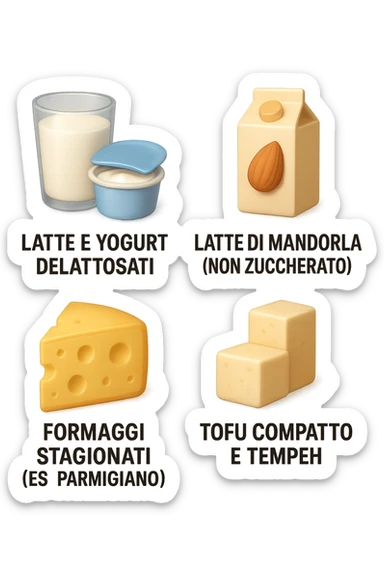emoji stile iphone 3d di questi elementi che fluttuano in aria:

Latte e yogurt delattosati
Latte di mandorla (non zuccherato)
Latte di soia da proteine isolate
Formaggi stagionati (es. parmigiano)
Tofu compatto e tempeh
 che fluttuano in aria,  le etichette scrivile in italiano, iperealistico 4k sticker