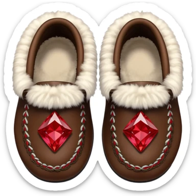 dark brown moccasins with red diamond design and fluffy fur sticker