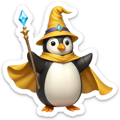 A wizard penguin with a yellow hat and a long, flowing cape. The penguin is floating slightly above the ground, surrounded by swirling magical energy and glowing runes in the airyellow wizard hat sticker