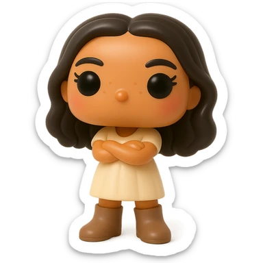 Enhance the vinyl figure in Funko Pop style with superior quality, smooth tanned skin, detailed dark hair, textured feminine cream dress, greige leather boots clearly visible, arms crossed, rosy cheeks, very discreet freckles, eyelashes, mischievous and cheerful expression, no mouth, transparent background. sticker