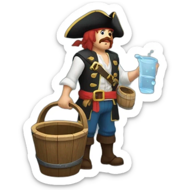 A pirate with an old wooden bucket filled with water in his hands. He is sending the water that is in this bucket away. sticker