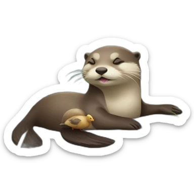 otter holding hands with a duck while sleeping on the water with a pebble on the belly sticker