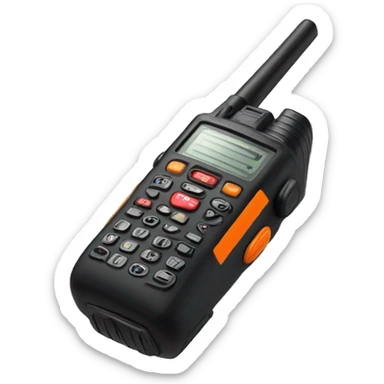 black walkie talkie with red-orange button on side sticker