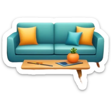 Icon for Interior Design: a modern room layout with furniture, plants, and decor items, with a color palette and design tools like a ruler and measuring tape. The icon should represent creativity, space planning, and aesthetic design. Transparent background. sticker