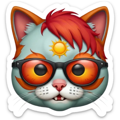 Zombie cat with red hair and sun glasses face sticker
