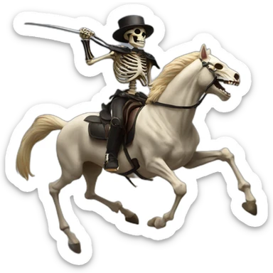 a skeleton riding a horse whilst fighting a cat sticker