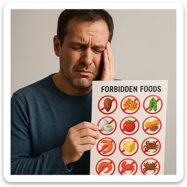 A 40-year-old man suffering from food intolerances, inspired by the reference image, holding a list of forbidden foods with a pained expression. Realistic or illustrative style with a neutral background. sticker