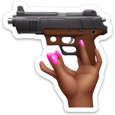 brown hand with pink nails holding large scary dark nerf gun sticker