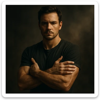 hyper realistic 4K cinematic scene of a man in a protective pose, confident posture, intense but serene face, cinematic lighting, powerful atmosphere sticker