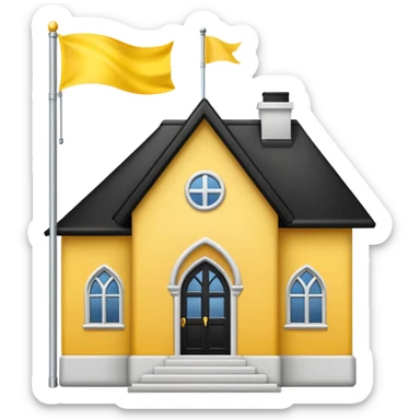 simple magic school, white background, magic school, black roof, with a big flag, big flag on a roof, big yellow flag, white school sticker
