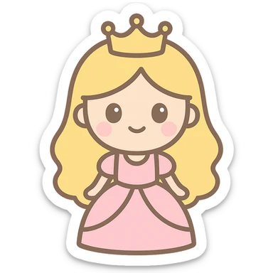 cartoon-style princess emoji with long hair, wearing a golden crown, smiling softly, dressed in a royal gown, kawaii style sticker