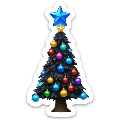 Black christmas tree with blue ornaments and a colorful star sticker
