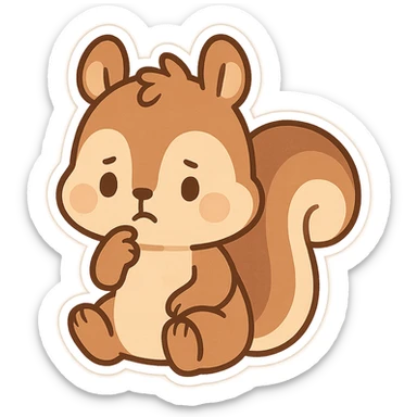 a squirrel with a thoughtful expression, sitting and holding its chin, cartoon style sticker