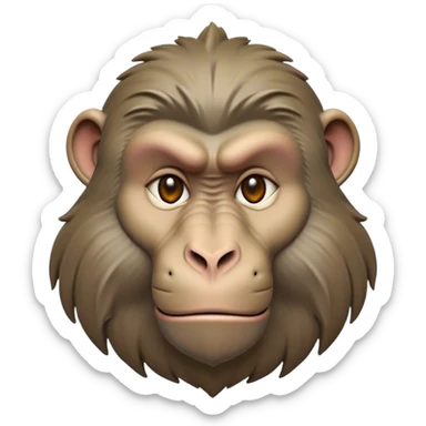 Cinematic Realistic Noble Baboon Portrait Emoji, Poised and commanding, with a robust, muscular build and a richly textured face marked by prominent brows, a powerful jawline, and deep, soulful eyes rendered in natural earthy tones, high shine, intelligent and bold, styled with an air of wild majesty, focused and attentive, soft glowing outline, capturing the essence of a watchful and confident baboon that exudes raw, regal power! sticker