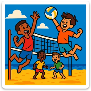 vibrant and energetic scene of boys playing volleyball on a sandy beach sticker