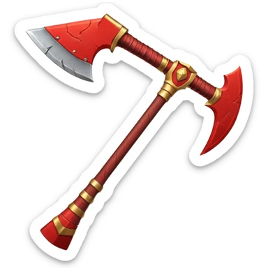 Ares battle axe object icon, ancient Greek war god axe, double-bladed heavy axe, red and gold metal, battle-worn scratches, glowing red accents, 3D cartoon, mobile game icon style, centered, clean background, soft shadow, no text, no watermark

 sticker