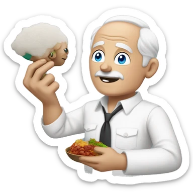 older man with white hair but no hair on top, blue eyes, wearing a white shirt with a little spot of dirt from food, holding  chines food in one hand and a BMW car key in the other  sticker