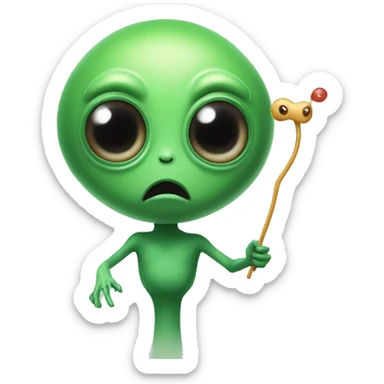 Big eyes, black eyes, a small circular nose, a lollipop-shaped antennae on his head, and a mouthless, cute, green, doll-like alien sticker