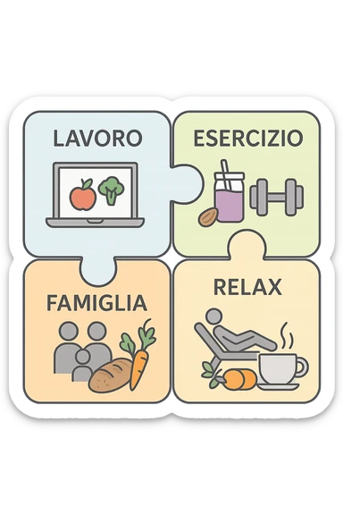 Puzzle (Lavoro, Esercizio, Famiglia, Relax), in lavoro metti icona di un PC, in Esercizio un Manubrio, in Famiglia una famiglia, in Relax qualcuno che riposa and healthy foods are integrated into each piece. in italiano sticker