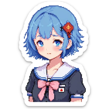 Pixel art anime girl with short bright blue hair wearing Japanese sailor style school uniform, standing with hand on hip but shyly glancing down with a small blush, small timid wave, very shy sticker