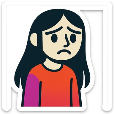pale girl with long black hair, sad expression, vibrant toon style sticker