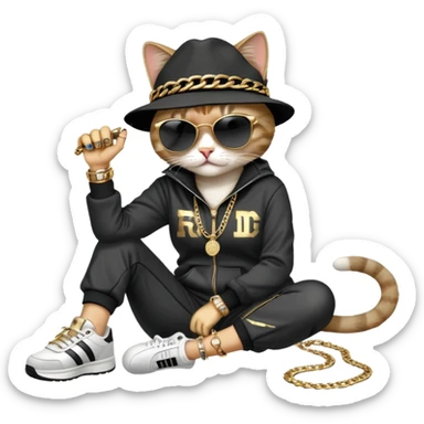 female cat dressed like Run DMC in tracksuit, fedora, Adidas shoes, dark sunglasses, lots of gold chains, rings, bracelets, earrings, lying on the ground after falling, distressed sticker