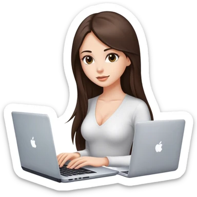 Glamour, beautiful sexy girl, with long straight brunette hair, with laptop sticker