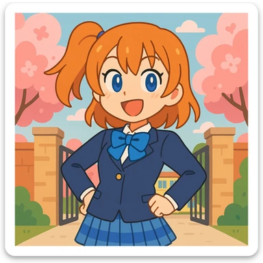 cheerful anime schoolgirl with orange hair, blue eyes, school uniform, spring cherry blossoms, confident pose, lively school gate background, Love Live! style sticker
