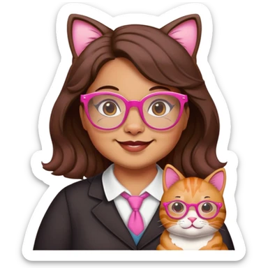 happy chubby English teacher, pink cat glasses, wavy dark brown hair, only the face, classroom background, emoji style, online class setting sticker