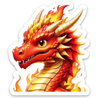 Cinematic Cute Fierce Fire Dragon Portrait Emoji, Head tilted playfully and inquisitively, showcasing a robust, flame-embellished form with intricately detailed scales in vibrant reds and glistening golds, accented by flickering ember highlights and a warm, inviting glow; rendered with lifelike detail and radiant natural light, high shine, spirited yet endearing, styled with a touch of blazing whimsy, soft glowing outline, capturing the essence of a mischievous yet charming inferno that seems ready to dance with playful fire! sticker