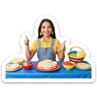 party table decorated with red blue and yellow colors, including a backdrops, balloons arch, streamers and more. On the table are intricate displays of colombian arepas, and baskets of money. In the forefront is a woman and man in simple clothing, big smiles and big thumbs up sticker