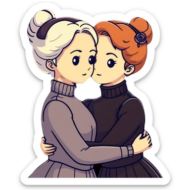 Two Victorian women with light eyes, one with bright white coiffed hair and one with dark copper coiffed hair, wearing Victorian turtleneck dresses, embracing each other in a sad, intimate hug sticker