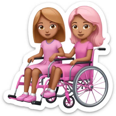 One tan skin sister pushing her light brown skin sister in a pink wheelchair sticker