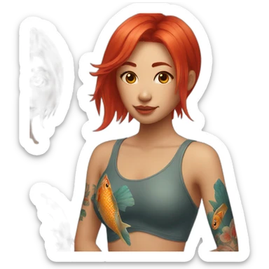 Red headed Asian girl with fish tattoo on shoulder sticker