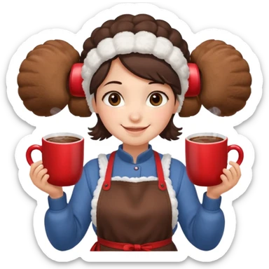 A cozy vendor with fluffy earmuffs, wearing apron handing out steaming cocoa with a warm smile. sticker
