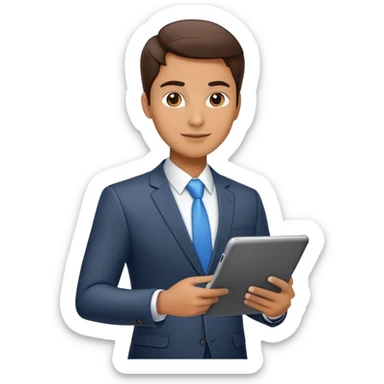 business executive confidently, holding a digital tablet or folder. The character wears smart business attire sticker