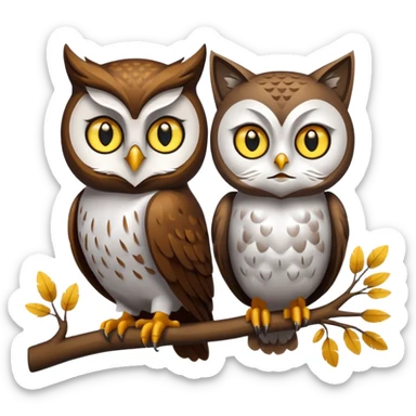 Owl on a branch with a cat's head with only one owl sticker