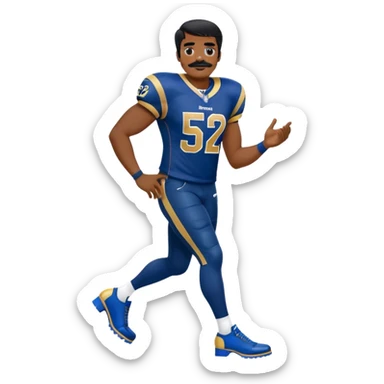 Chill guy in LA Rams jersey  with nu.ber 52. Black hair black mustache. Full body. Blue heels sticker