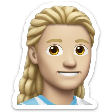 Realistic Erling Braut Haaland has long hair, in a catogan. He is wearing Manchester City football shirt.It has the numéro 9 sticker