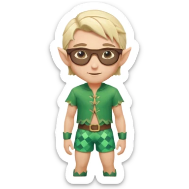 elf male legolas portrait, patterned board shorts (geometric/abstract), unique wooden-framed sunglasses, undercut hairstyle, slight smirk, visible pointy ears, no background, centered emoji, hipster summer vibe sticker