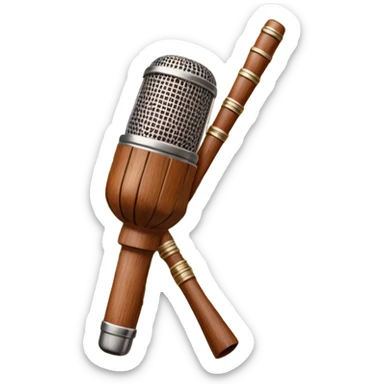 Create a traditional and warm emoji representing folk singing, using a humanless collage. The design should feature a rustic wooden microphone or an old-fashioned folk instrument like a balalaika, gusli, or a domra, placed alongside traditional elements such as a hand-woven scarf or a wooden flute. Include natural, earthy details like wildflowers, musical notes, and rustic textures, evoking the feeling of folk music in its purest form. Use warm, earthy colors like brown, gold, red, and green to create a cozy and organic vibe. The background should be transparent. sticker