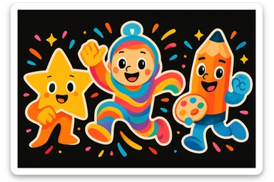 Unify the visual effects across all three mascots: use the same style of colorful motion lines, sparkles, and dynamic accents around each character, matching the playful, energetic, and imaginative vibe for a black website background. Enhance the playful, energetic, and imaginative vibe with consistent colorful motion lines, sparkles, and dynamic accents. sticker