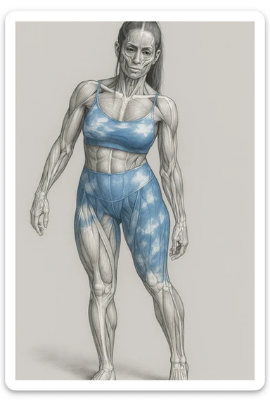 A realistic medical style illustration of a woman in sportswear with an asymmetric posture, showing visible muscles and bones, neutral background, vertical format. sticker