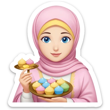 Turkish beautiful finish Konya girl blue eyes with powder pink yellow hijab islamic dress and had on her hand text Eid Mubarak with sweets and celebrating with her friends eid days   sticker