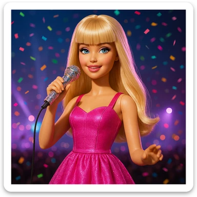Pretty and girly Blonde pop star with bangs, holding a bedazzled microphone, reimagined as a Barbie doll, with a nighttime concert backdrop with colorful confetti sticker