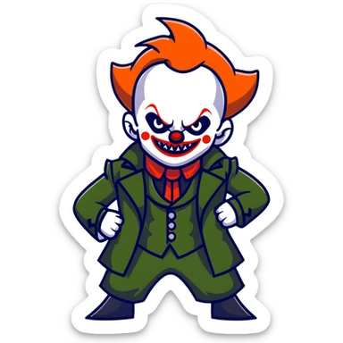 evil clown warrior, bald, small black horns on forehead, fangs, pointed ears, eye patch over one eye, long coat over black and military green leisure suit with bellbottom pants, realistically proportioned, less bulky, full body visible, battle-ready fighting posture sticker