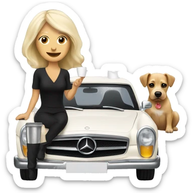 Dog and blonde woman in black Mercedes drinking coffee sticker
