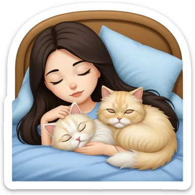 pretty girl with dark long hair sleeping with blonde fluffy  persian cat in bed sticker