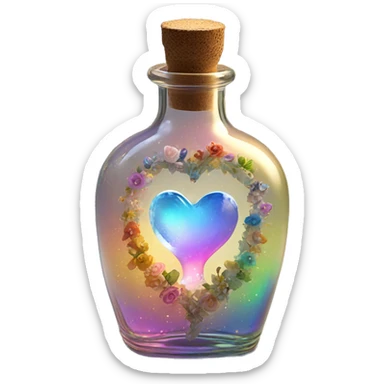 Antique oil heart bottle made of crystal glass of all gentle colors of the light rainbow, a living flower fairy sits at the bottom of the bottle sticker