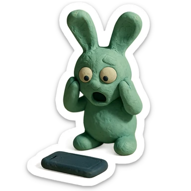 mint bunny shocked looking at phone on ground, claymation style sticker